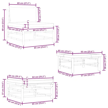 Salon de jardin 3 pcs avec coussins gris foncé Bambou