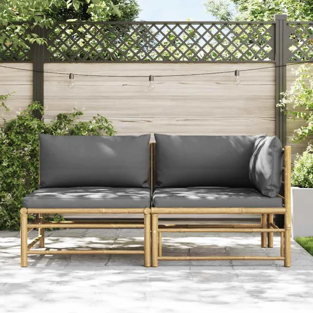 Salon de jardin 2 pcs avec coussins gris foncé Bambou