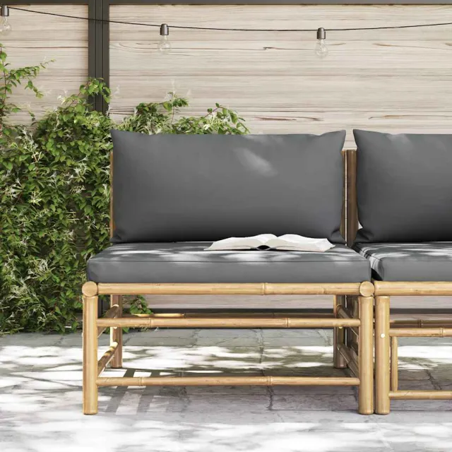 Canapé de milieu de jardin avec coussins gris foncé Bambou