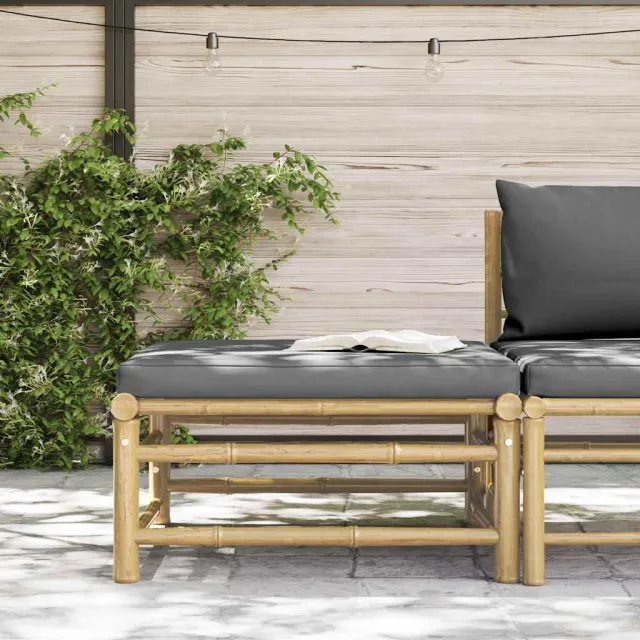 Repose-pied de jardin avec coussin gris foncé Bambou