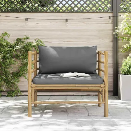 Canapé de jardin avec coussins gris foncé Bambou