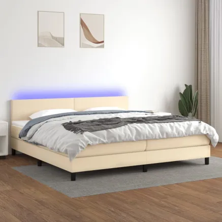 Sommier à lattes de lit et matelas et LED Crème 200x200cm Tissu