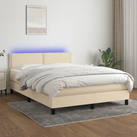 Sommier à lattes de lit avec matelas LED Crème 140x200 cm Tissu
