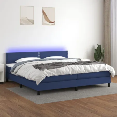 Sommier à lattes de lit et matelas et LED Bleu 200x200 cm Tissu