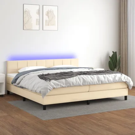 Sommier à lattes de lit et matelas et LED Crème 200x200cm Tissu