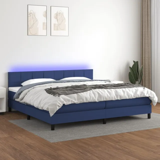 Sommier à lattes de lit et matelas et LED Bleu 200x200 cm Tissu