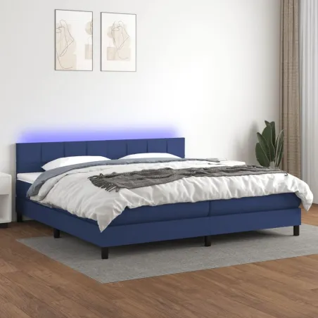 Sommier à lattes de lit et matelas et LED Bleu 200x200 cm Tissu