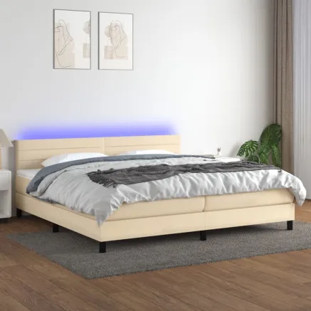 Sommier à lattes de lit et matelas et LED Crème 200x200cm Tissu