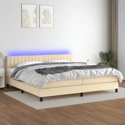 Sommier à lattes de lit et matelas et LED Crème 200x200cm Tissu