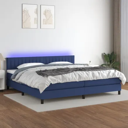 Sommier à lattes de lit et matelas et LED Bleu 200x200 cm Tissu