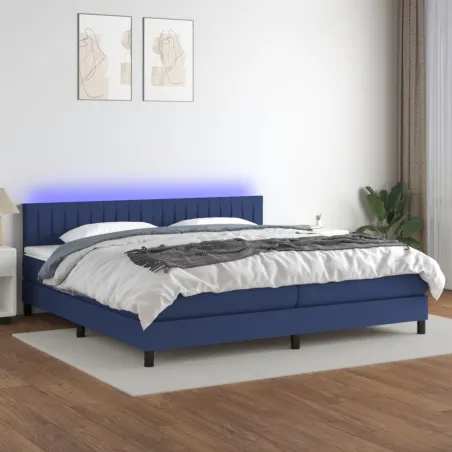 Sommier à lattes de lit et matelas et LED Bleu 200x200 cm Tissu