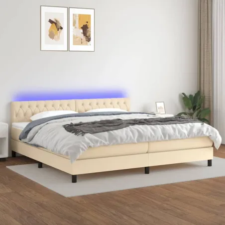 Sommier à lattes de lit et matelas et LED Crème 200x200cm Tissu