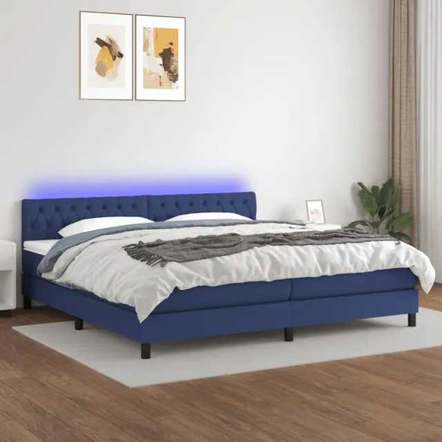 Sommier à lattes de lit et matelas et LED Bleu 200x200 cm Tissu