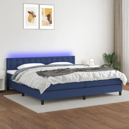 Sommier à lattes de lit et matelas et LED Bleu 200x200 cm Tissu