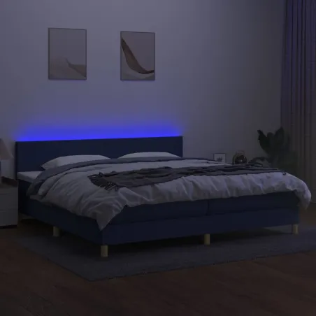 Sommier à lattes de lit et matelas et LED Bleu 200x200 cm Tissu