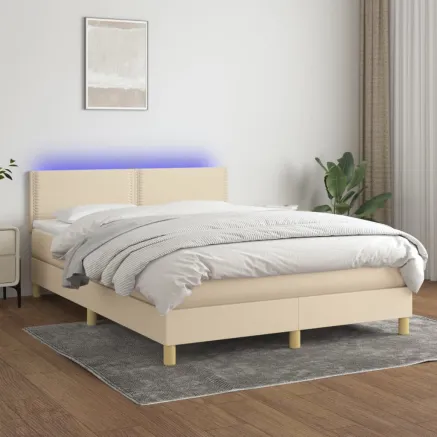 Sommier à lattes de lit avec matelas LED Crème 140x200 cm Tissu