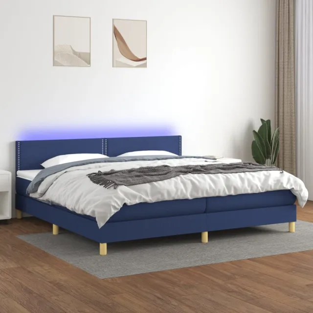 Sommier à lattes de lit et matelas et LED Bleu 200x200 cm Tissu
