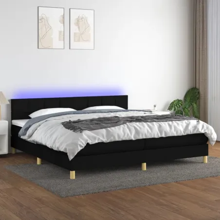 Sommier à lattes de lit et matelas et LED Noir 200x200 cm Tissu