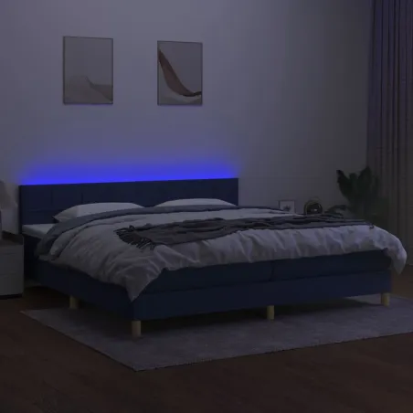 Sommier à lattes de lit et matelas et LED Bleu 200x200 cm Tissu