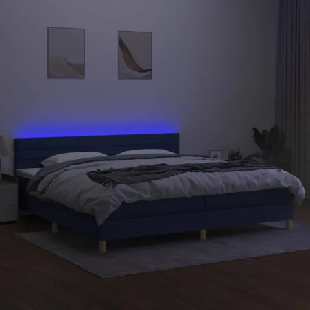 Sommier à lattes de lit et matelas et LED Bleu 200x200 cm Tissu