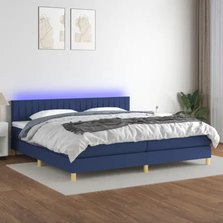 Sommier à lattes de lit et matelas et LED Bleu 200x200 cm Tissu