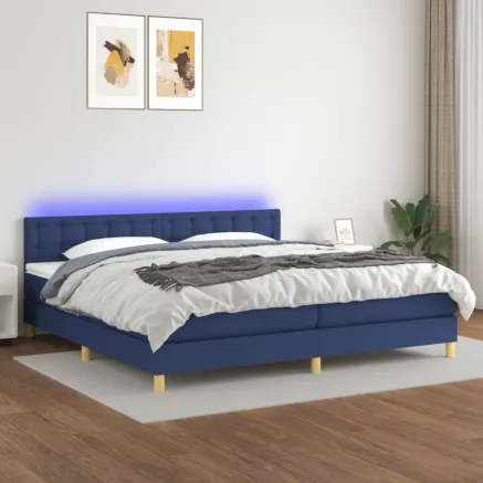 Sommier à lattes de lit et matelas et LED Bleu 200x200 cm Tissu