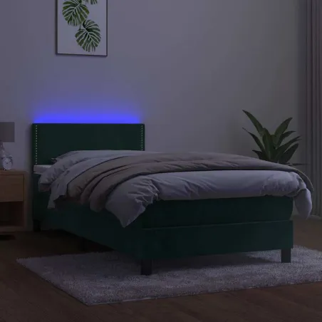 Sommier à lattes de lit avec matelas et LED Vert foncé 90x190cm