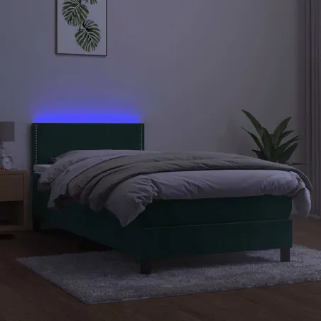 Sommier à lattes de lit avec matelas et LED Vert foncé 90x200cm
