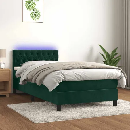 Sommier à lattes de lit avec matelas et LED Vert foncé 90x200cm