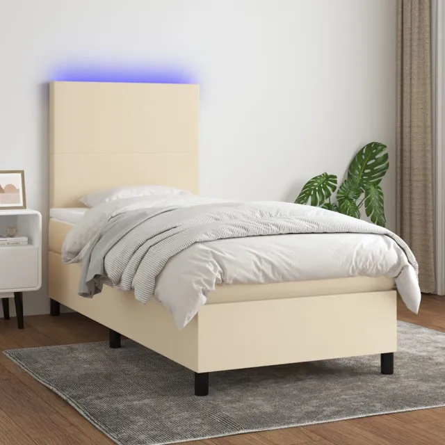 Sommier à lattes de lit et matelas et LED Crème 90x190 cm Tissu