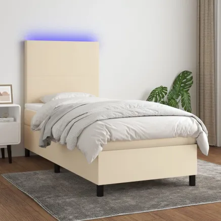 Sommier à lattes de lit et matelas et LED Crème 90x200 cm Tissu