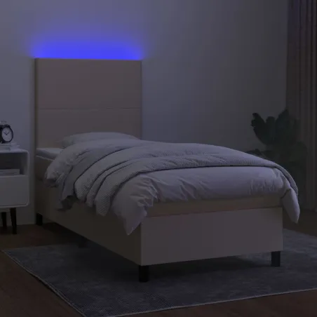 Sommier à lattes de lit et matelas et LED Crème 90x200 cm Tissu