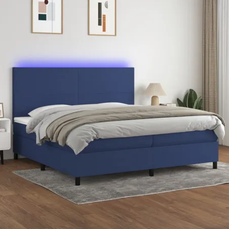 Sommier à lattes de lit et matelas et LED Bleu 200x200 cm Tissu