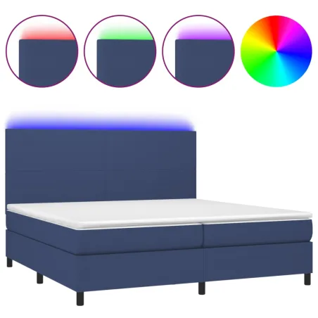 Sommier à lattes de lit et matelas et LED Bleu 200x200 cm Tissu