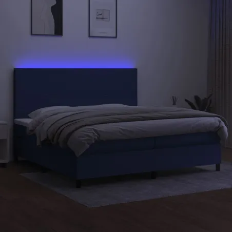 Sommier à lattes de lit et matelas et LED Bleu 200x200 cm Tissu