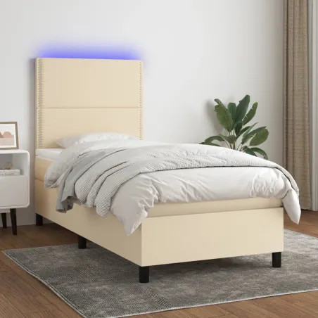 Sommier à lattes de lit et matelas et LED Crème 90x190 cm Tissu