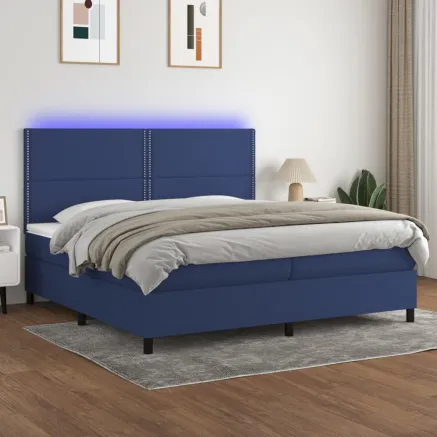Sommier à lattes de lit et matelas et LED Bleu 200x200 cm Tissu