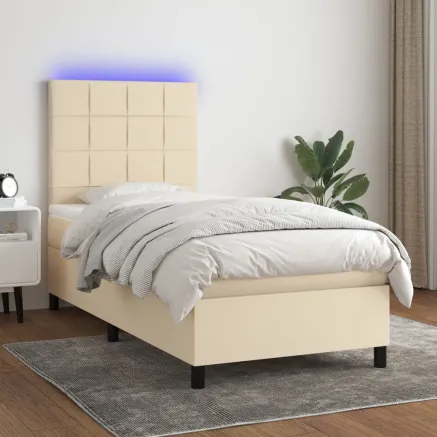 Sommier à lattes de lit et matelas et LED Crème 100x200cm Tissu