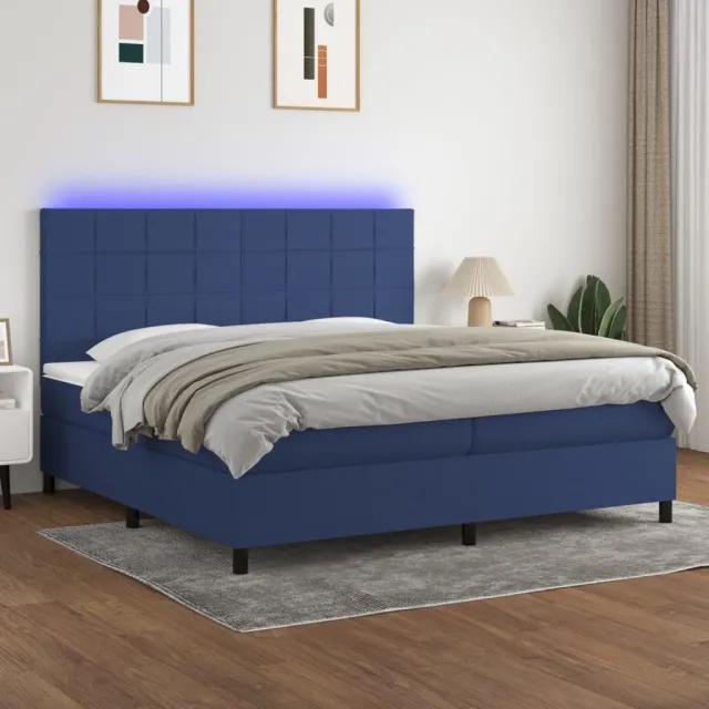 Sommier à lattes de lit et matelas et LED Bleu 200x200 cm Tissu