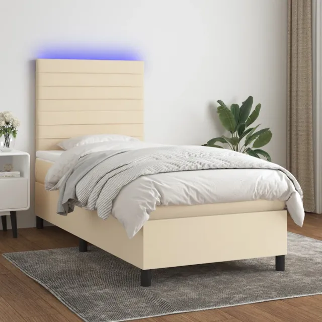 Sommier à lattes de lit et matelas et LED Crème 100x200cm Tissu
