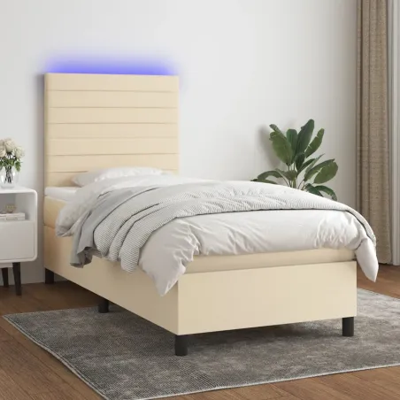 Sommier à lattes de lit et matelas et LED Crème 100x200cm Tissu