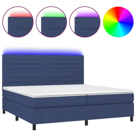 Sommier à lattes de lit et matelas et LED Bleu 200x200 cm Tissu 2