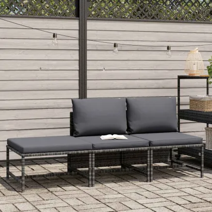 Salon de jardin 3 pcs avec coussins Gris Résine tressée 2