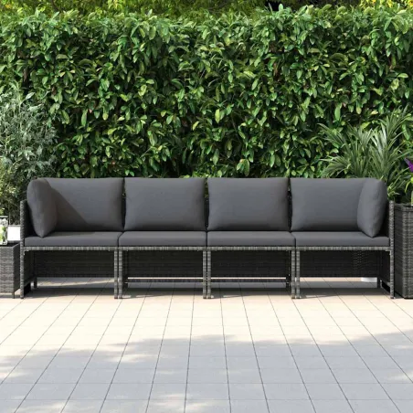 Canapé de jardin à 4 places avec coussins Gris Résine tressée