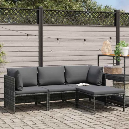 Salon de jardin 4 pcs avec coussins Résine tressée Gris