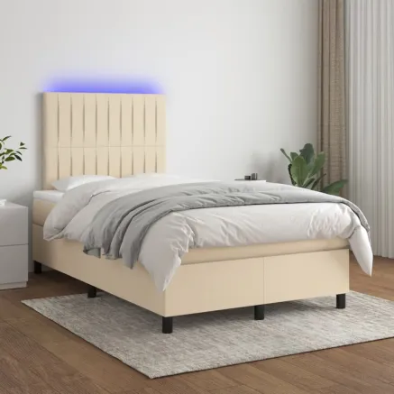 Sommier à lattes de lit et matelas et LED Crème 120x200cm Tissu