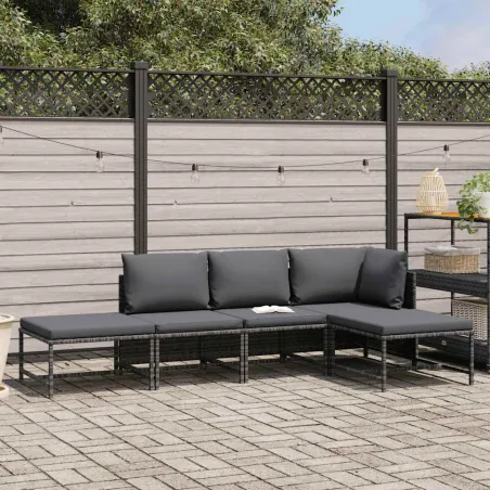 Salon de jardin 5 pcs avec coussins Gris Résine tressée