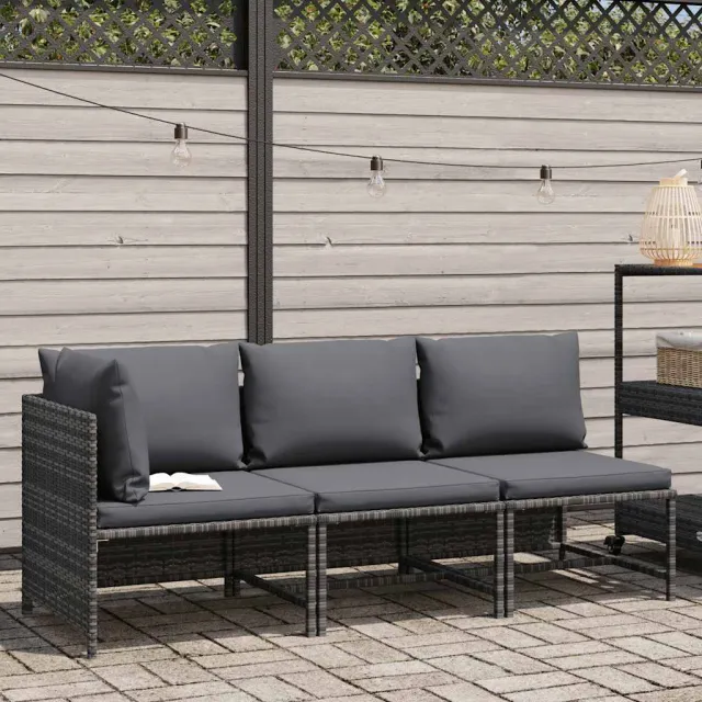 Salon de jardin 3 pcs avec coussins Résine tressée Gris