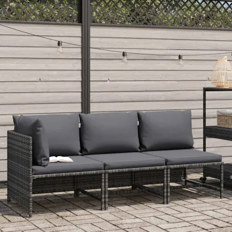 Salon de jardin 3 pcs avec coussins Résine tressée Gris