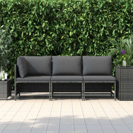 Salon de jardin 3 pcs avec coussins Résine tressée Gris